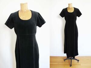 Vintage 90s Black Velvet Witchy Midi Dress S Scoop Neck Empire Waist